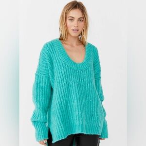 Free People Blue Bell V-Neck Sweater // Electric Teal Size M